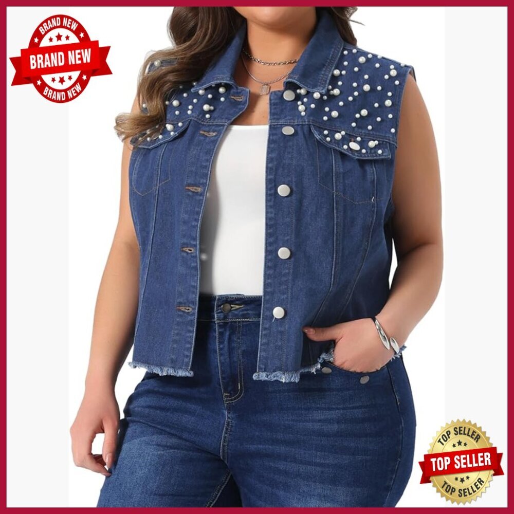 Plus Size Denim Vest Sleeveless Embroidered Pearl Frayed Distressed